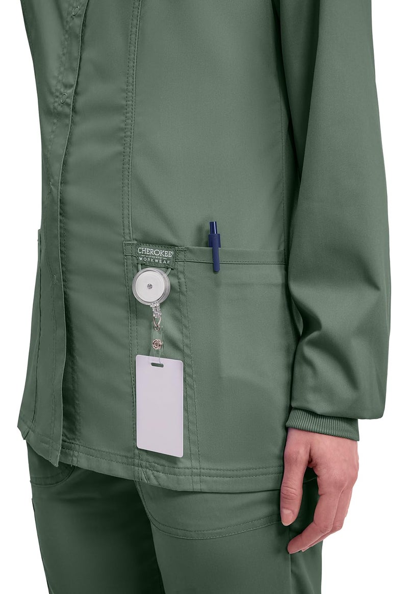 Cherokee Womens Scrub Jacket Nurse Snap Front Medical Uniform with Pockets, 2-Way Stretch, Easy Care Soft Fabric - WW310, XL, Olive - Image 2